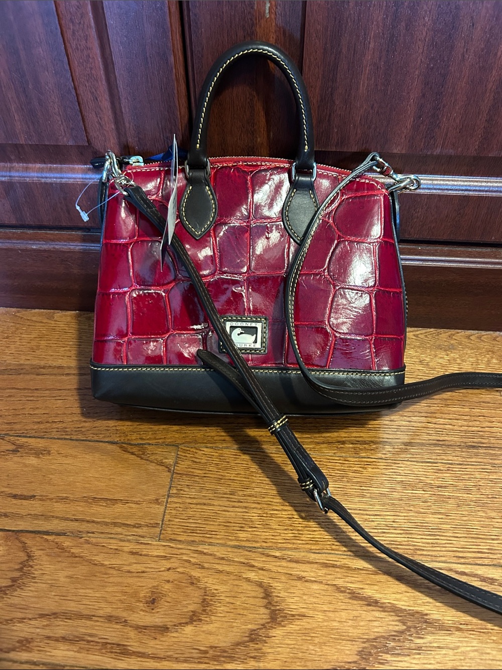 Dooney & Bourke Red Croc-Embossed Leather Satchel with Black Trim